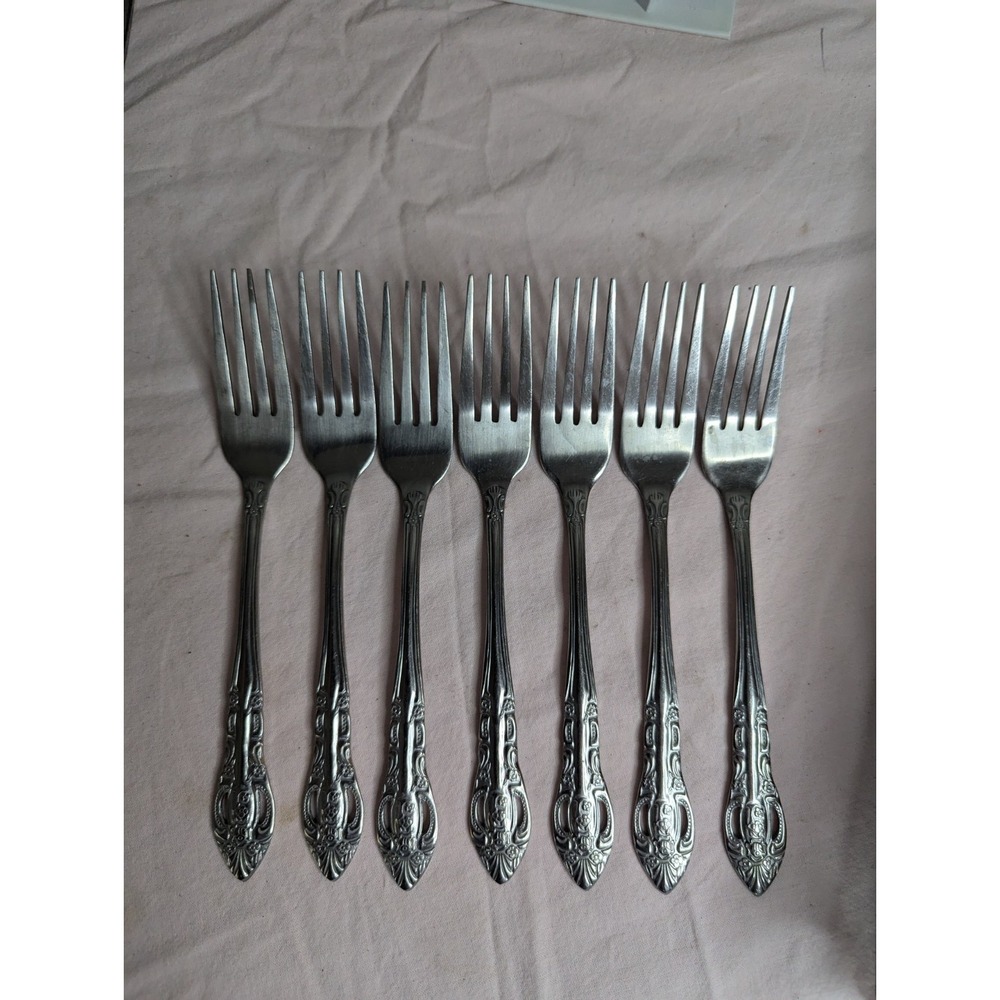 7 lot H.F. LTD Stainless stamped flower pattern 7" fork‎ flatware estate find
